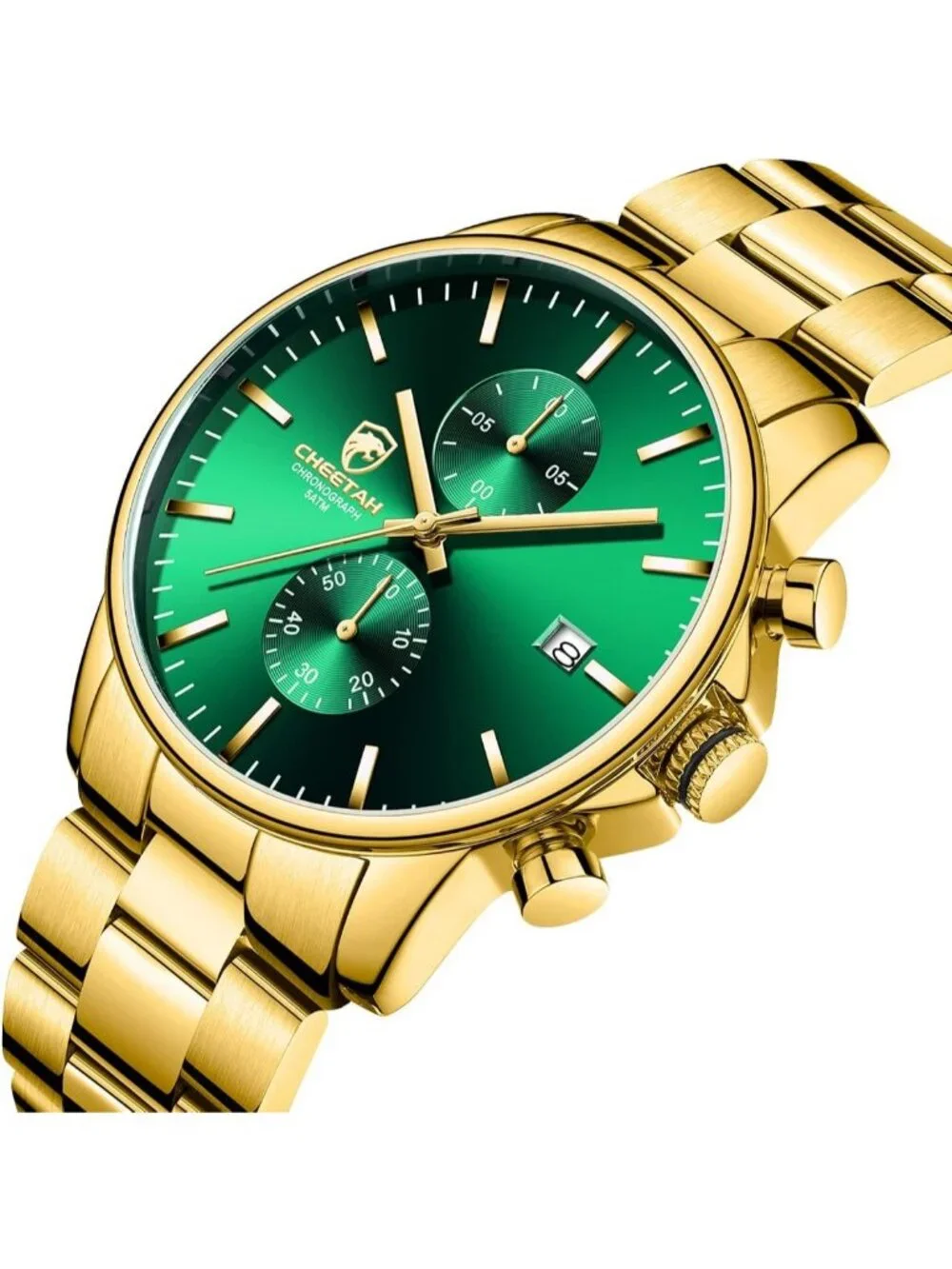 Men's Gold Green Classic Stainless Steel Waterproof Chronograph Quartz Watch